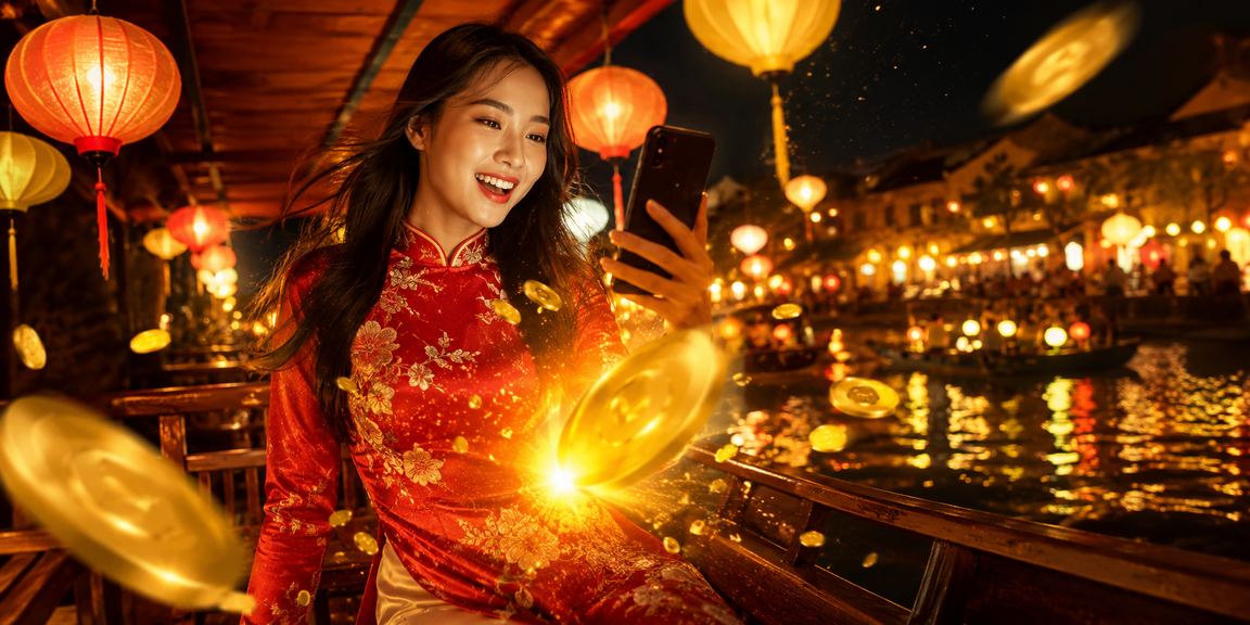 Điện thoại ở Hà Nội với đèn lồng và giao diện casino mobile